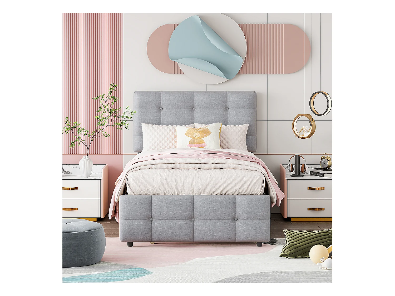 Lit enfant rembourré 90x200 cm en lin avec lit gigogne 90x188cm, tête de lit réglable, gris, sans matelas