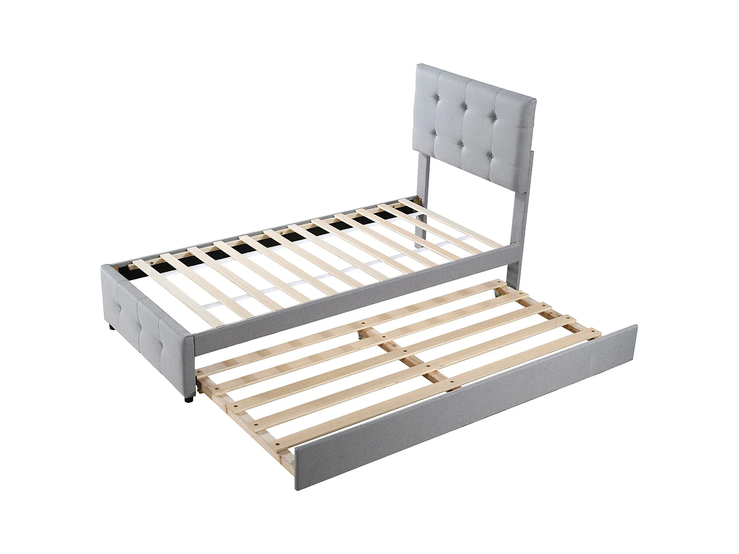 Lit enfant rembourré 90x200 cm en lin avec lit gigogne 90x188cm, tête de lit réglable, gris, sans matelas