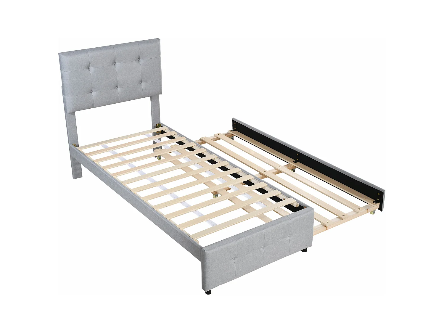 Lit enfant rembourré 90x200 cm en lin avec lit gigogne 90x188cm, tête de lit réglable, gris, sans matelas