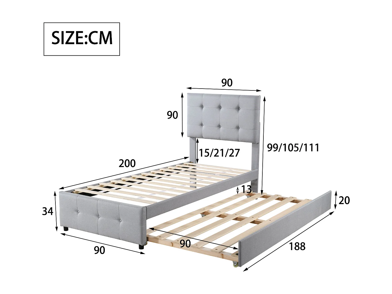 Lit enfant rembourré 90x200 cm en lin avec lit gigogne 90x188cm, tête de lit réglable, gris, sans matelas