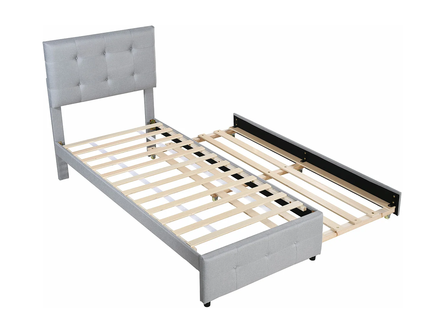 Lit enfant rembourré 90x200 cm en lin avec lit gigogne 90x188cm, tête de lit réglable, gris, sans matelas