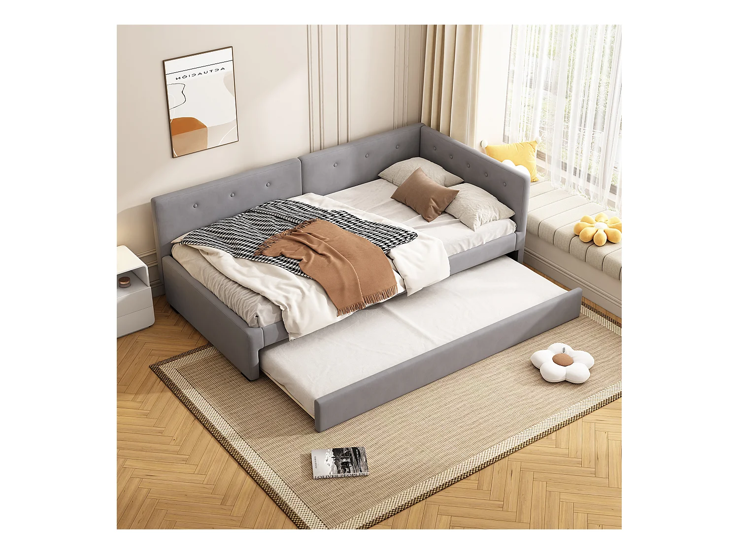 Kinderbed 90x200 cm met onderschuifbed 90x190 cm in fluweel, lattenbodem, zonder matras, grijs