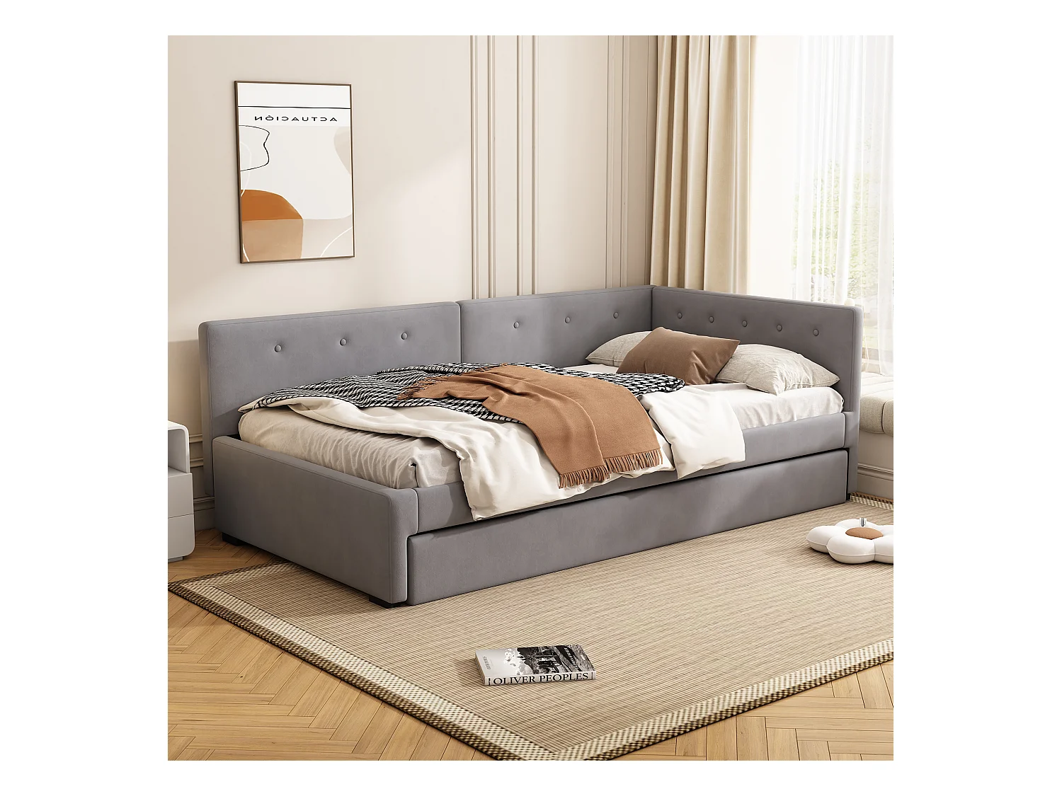 Kinderbed 90x200 cm met onderschuifbed 90x190 cm in fluweel, lattenbodem, zonder matras, grijs