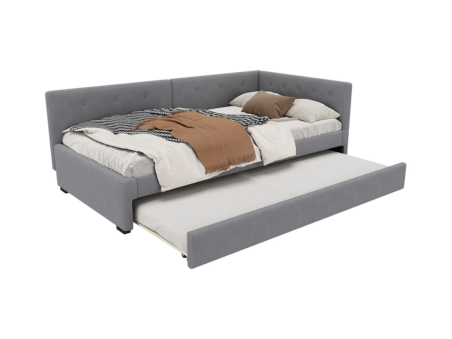 Kinderbed 90x200 cm met onderschuifbed 90x190 cm in fluweel, lattenbodem, zonder matras, grijs