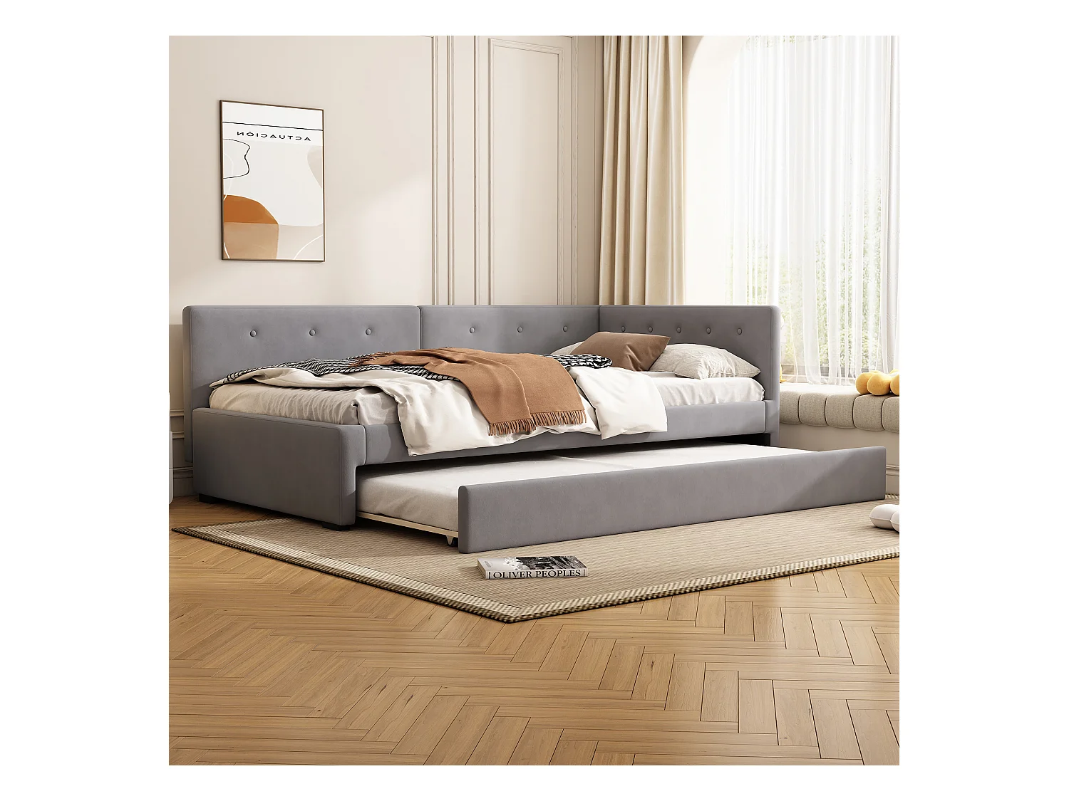 Kinderbed 90x200 cm met onderschuifbed 90x190 cm in fluweel, lattenbodem, zonder matras, grijs