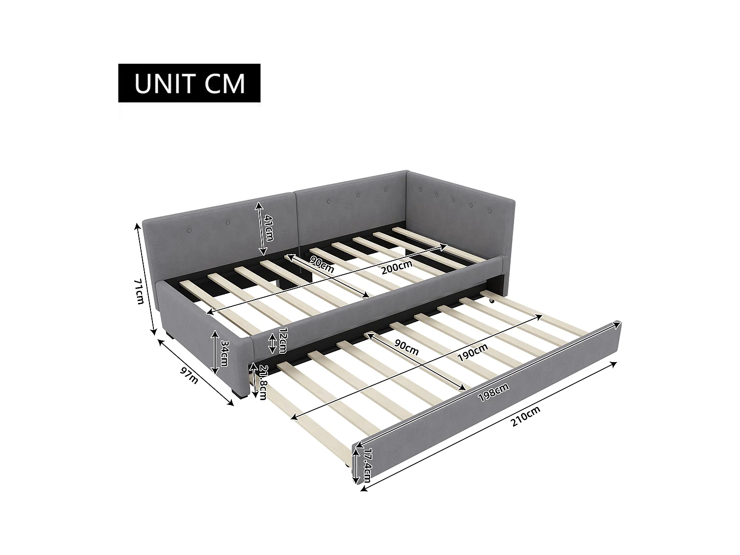 Lit enfant 90x200 cm avec lit gigogne 90x190cm en velours, Sommier à lattes, sans matelas, gris