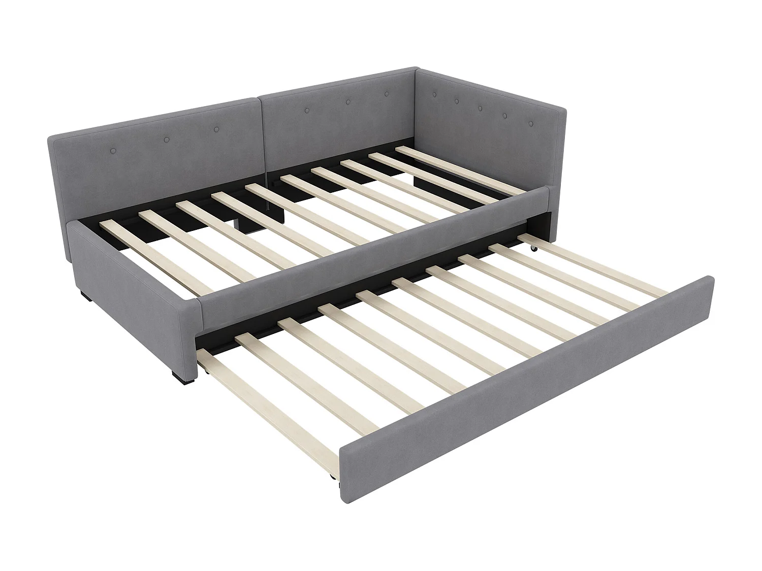 Kinderbed 90x200 cm met onderschuifbed 90x190 cm in fluweel, lattenbodem, zonder matras, grijs