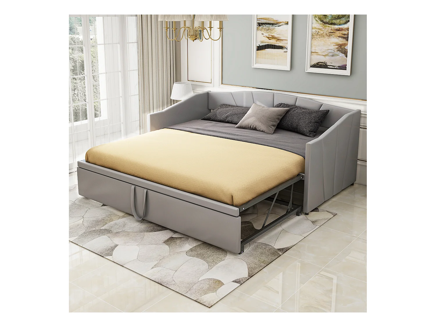 Lit enfant rembourré 90/180x200 cm gris, lit simple/double en velours, multifonctionnel, sans matelas