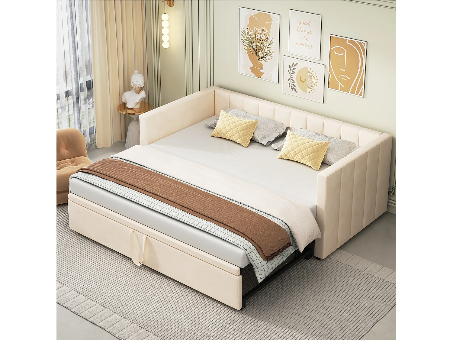 Sofá-cama almofadado 90/180x200 cm bege em veludo, com estrado de ripas, cama multifuncional sem colchão