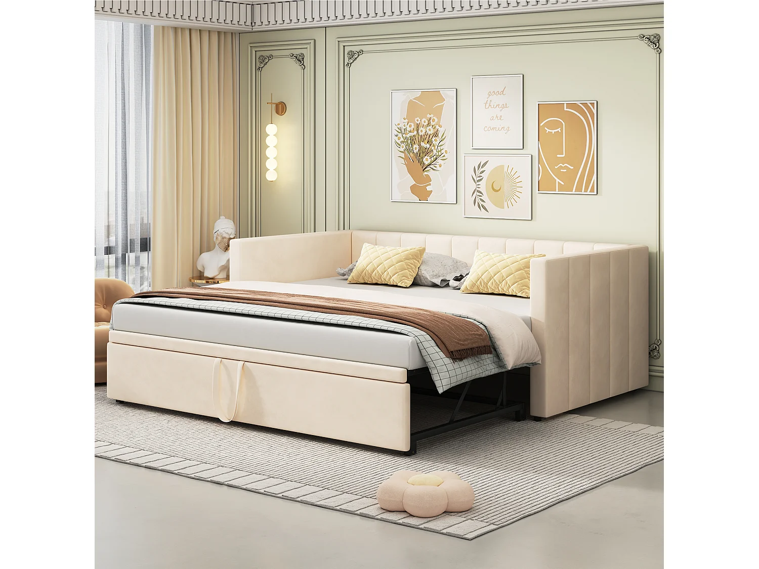 Sofá-cama almofadado 90/180x200 cm bege em veludo, com estrado de ripas, cama multifuncional sem colchão
