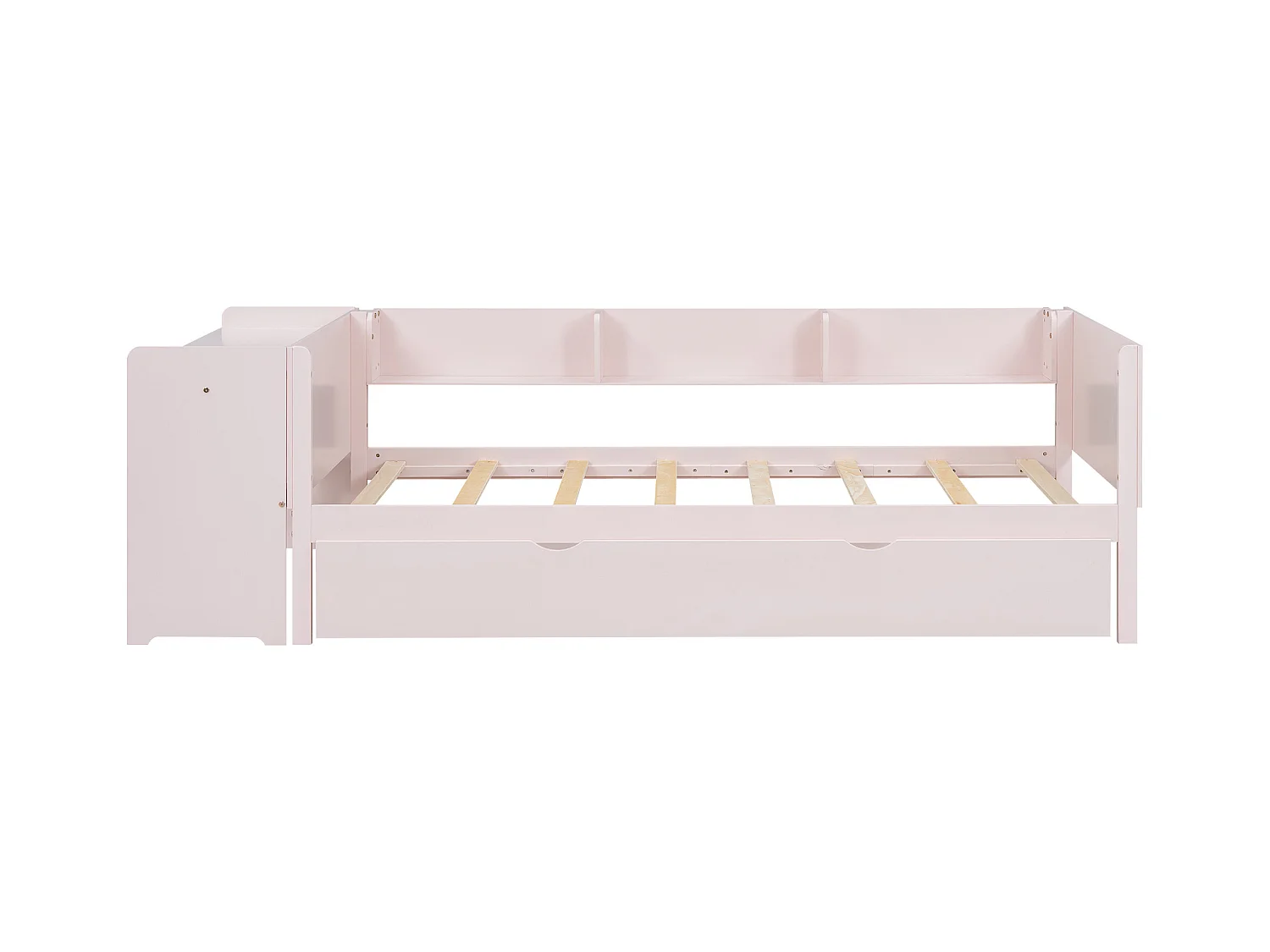 Lit enfant 90x200cm avec lit gigogne 90x180cm, avec bureau, 3 compartiments de rangement à côté du lit, sans matelas, rose