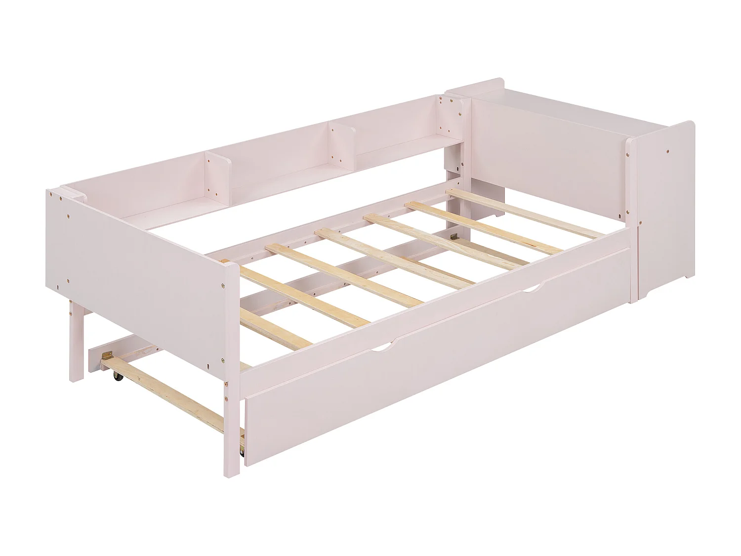 Lit enfant 90x200cm avec lit gigogne 90x180cm, avec bureau, 3 compartiments de rangement à côté du lit, sans matelas, rose