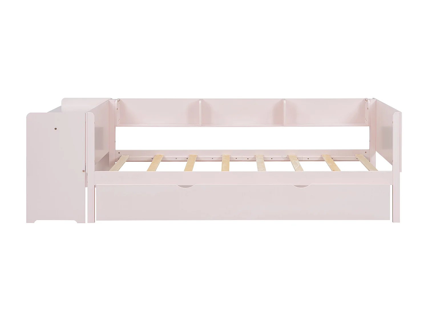 Lit enfant 90x200cm avec lit gigogne 90x180cm, avec bureau, 3 compartiments de rangement à côté du lit, sans matelas, rose