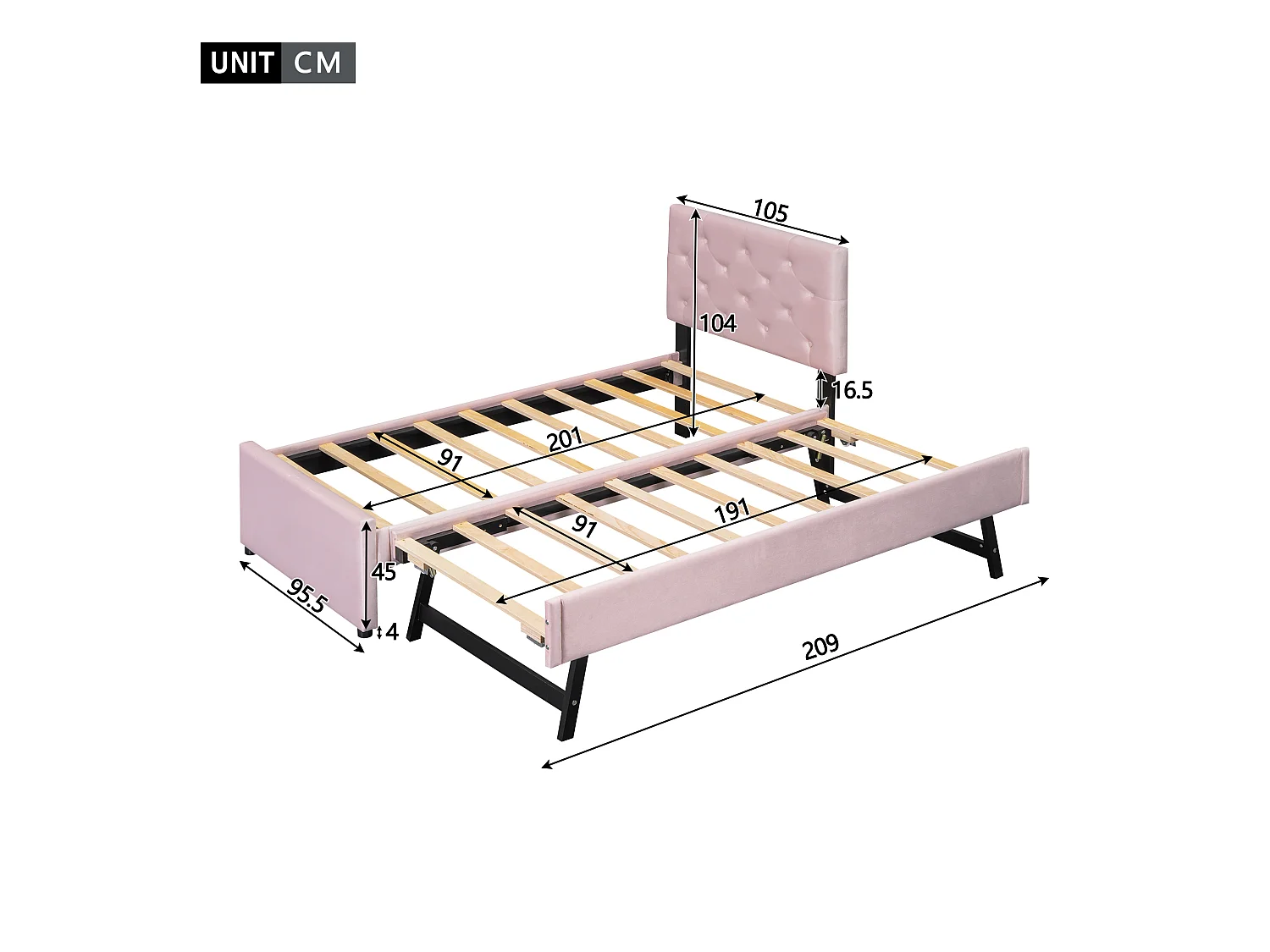 Cama acolchada 90x200 cm en terciopelo con cama nido 90x190 cm, somier de lamas, cama infantil rosa, sin colchón