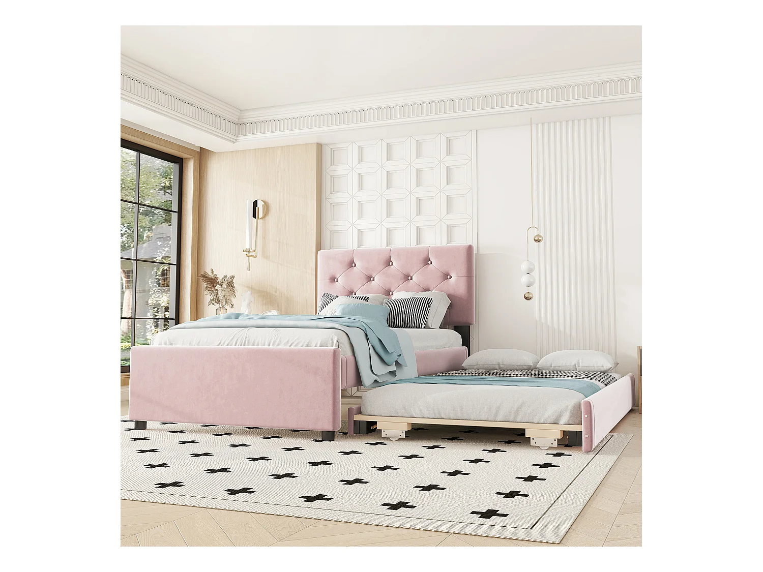 Cama acolchada 90x200 cm en terciopelo con cama nido 90x190 cm, somier de lamas, cama infantil rosa, sin colchón