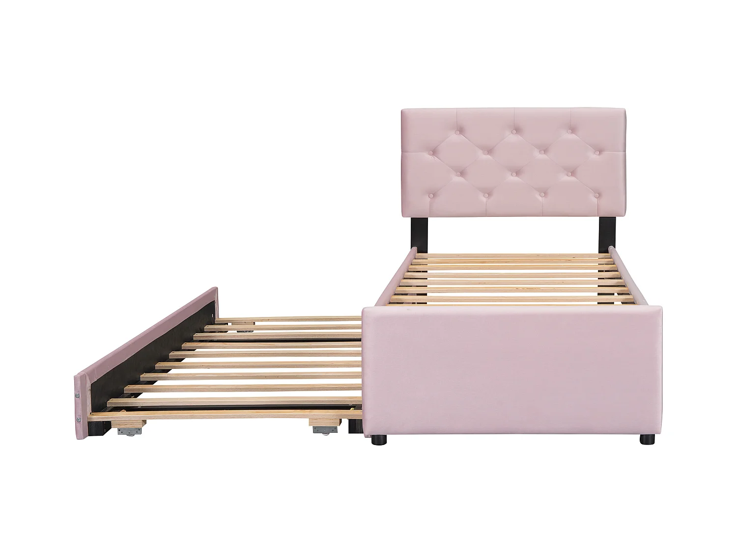 Cama acolchada 90x200 cm en terciopelo con cama nido 90x190 cm, somier de lamas, cama infantil rosa, sin colchón