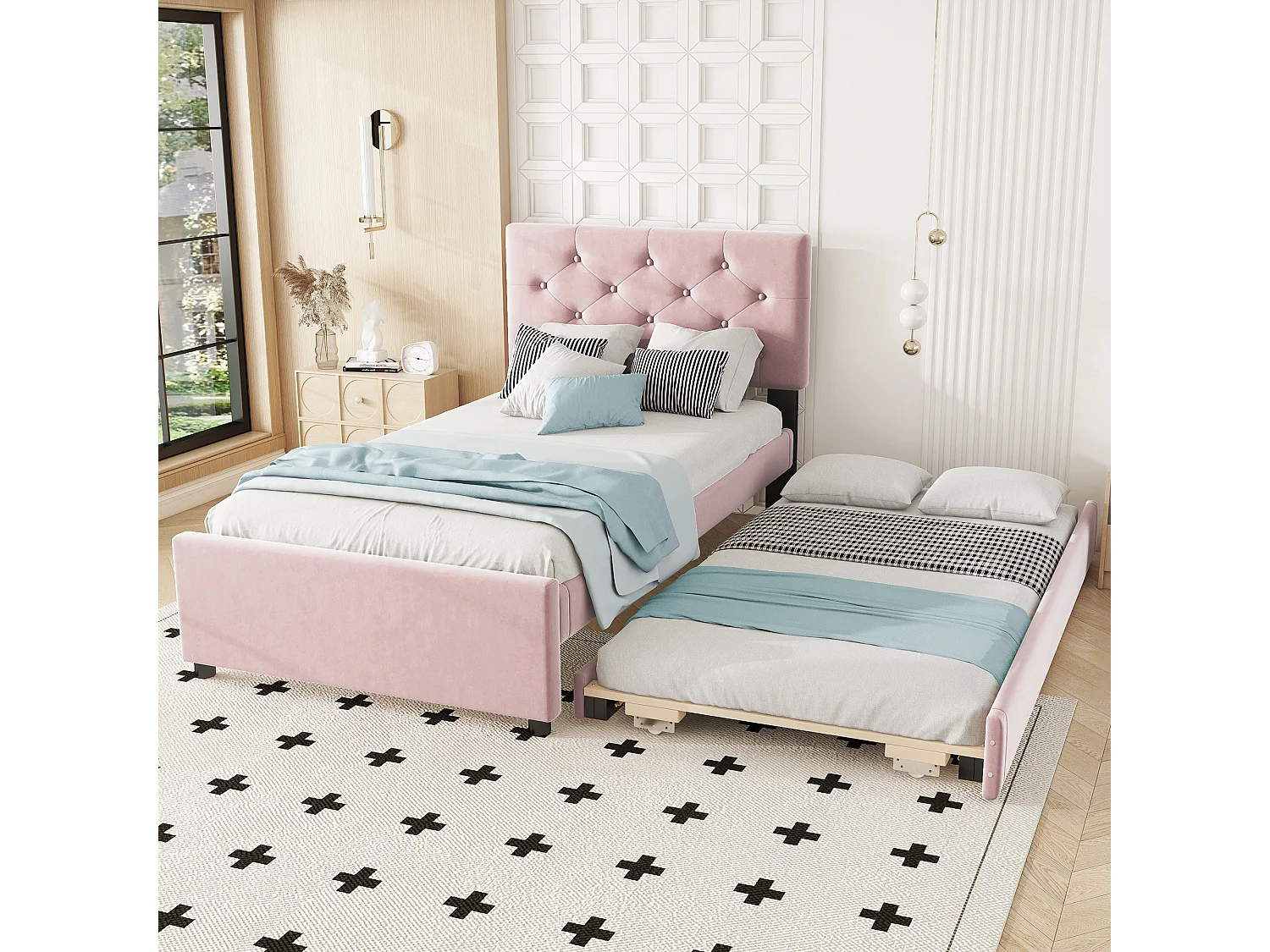 Lit rembourré 90x200 cm en velours avec lit gigogne 90x190cm, sommier à lattes, lit enfant rose, sans matelas