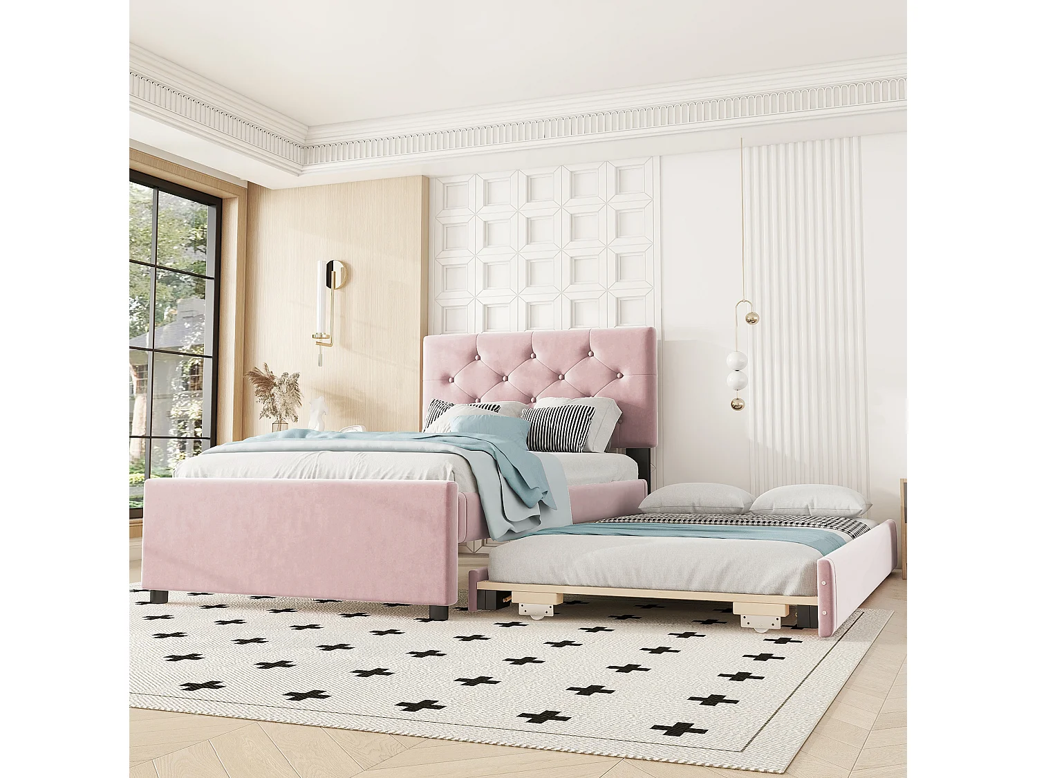 Lit rembourré 90x200 cm en velours avec lit gigogne 90x190cm, sommier à lattes, lit enfant rose, sans matelas