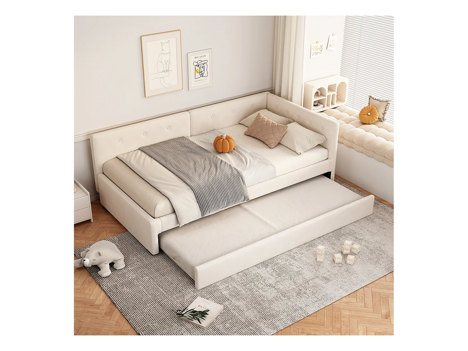 Kinderbed 90x200 cm met onderschuifbed 90x190 cm in fluweel, lattenbodem, zonder matras, beige