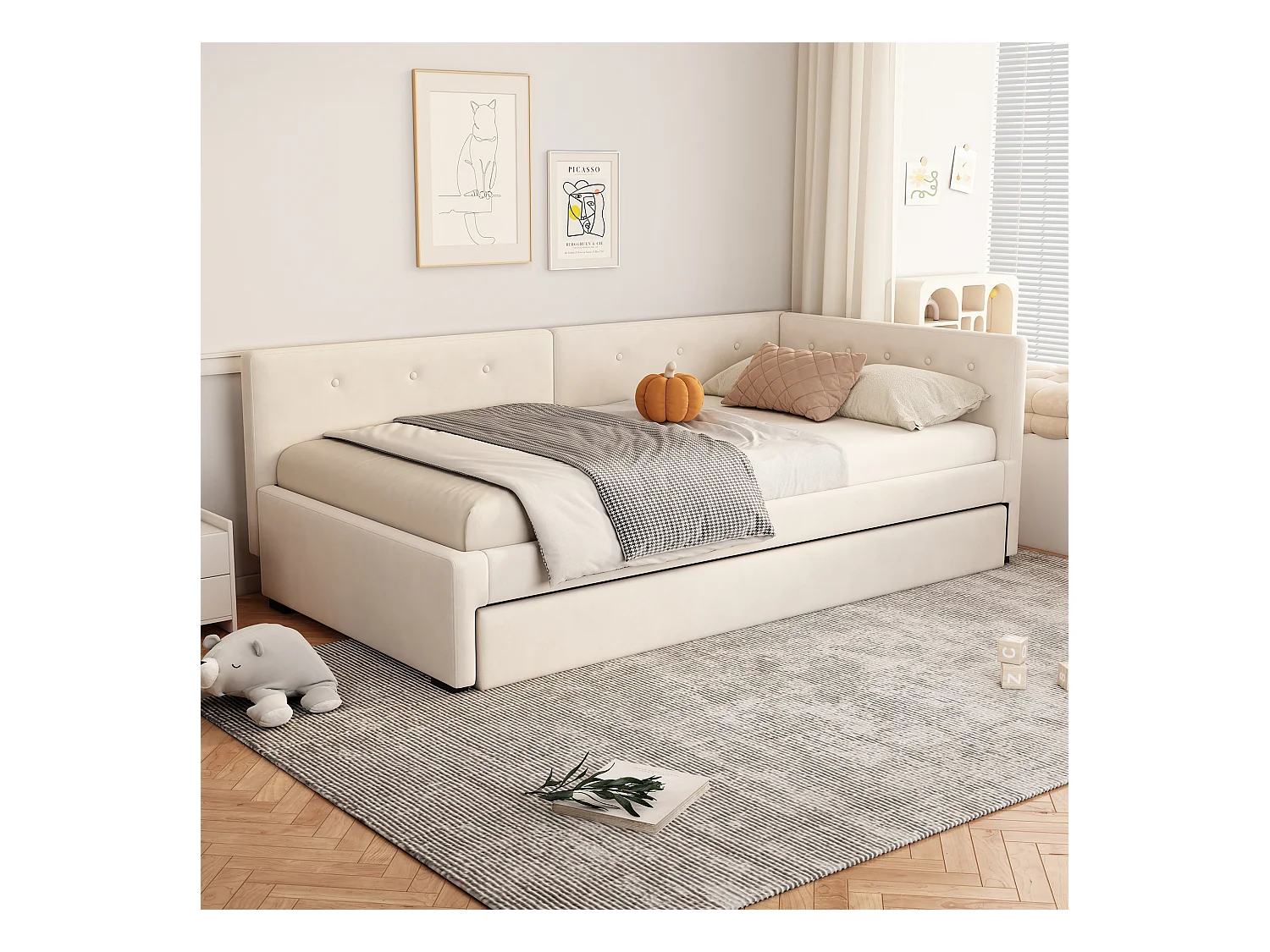 Kinderbed 90x200 cm met onderschuifbed 90x190 cm in fluweel, lattenbodem, zonder matras, beige