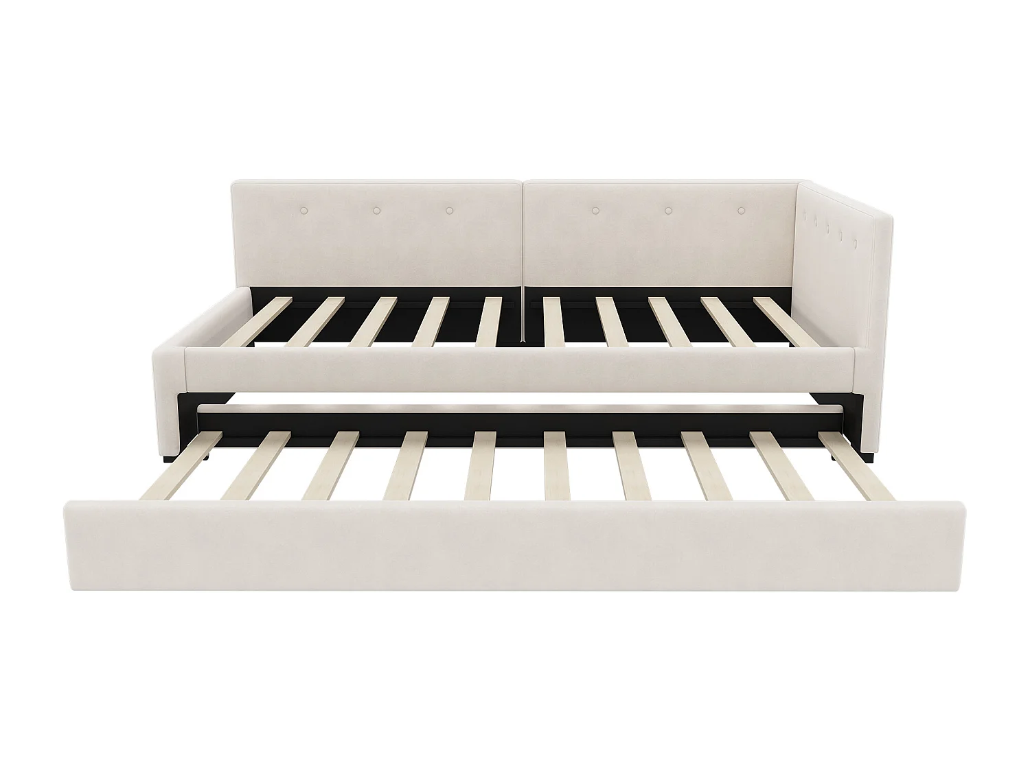 Kinderbed 90x200 cm met onderschuifbed 90x190 cm in fluweel, lattenbodem, zonder matras, beige