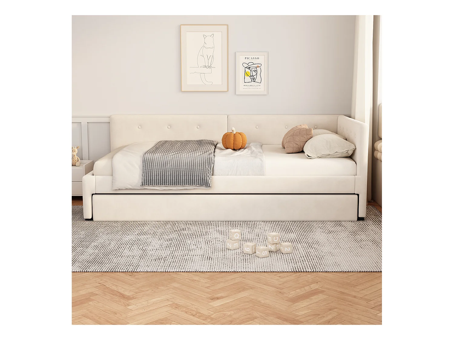 Kinderbed 90x200 cm met onderschuifbed 90x190 cm in fluweel, lattenbodem, zonder matras, beige