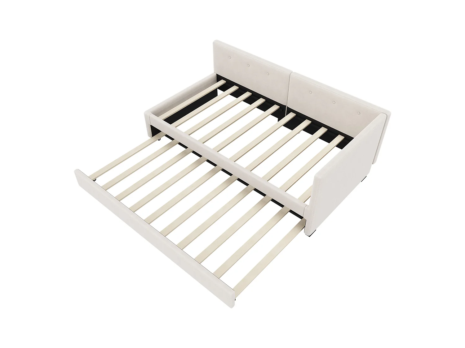 Kinderbed 90x200 cm met onderschuifbed 90x190 cm in fluweel, lattenbodem, zonder matras, beige