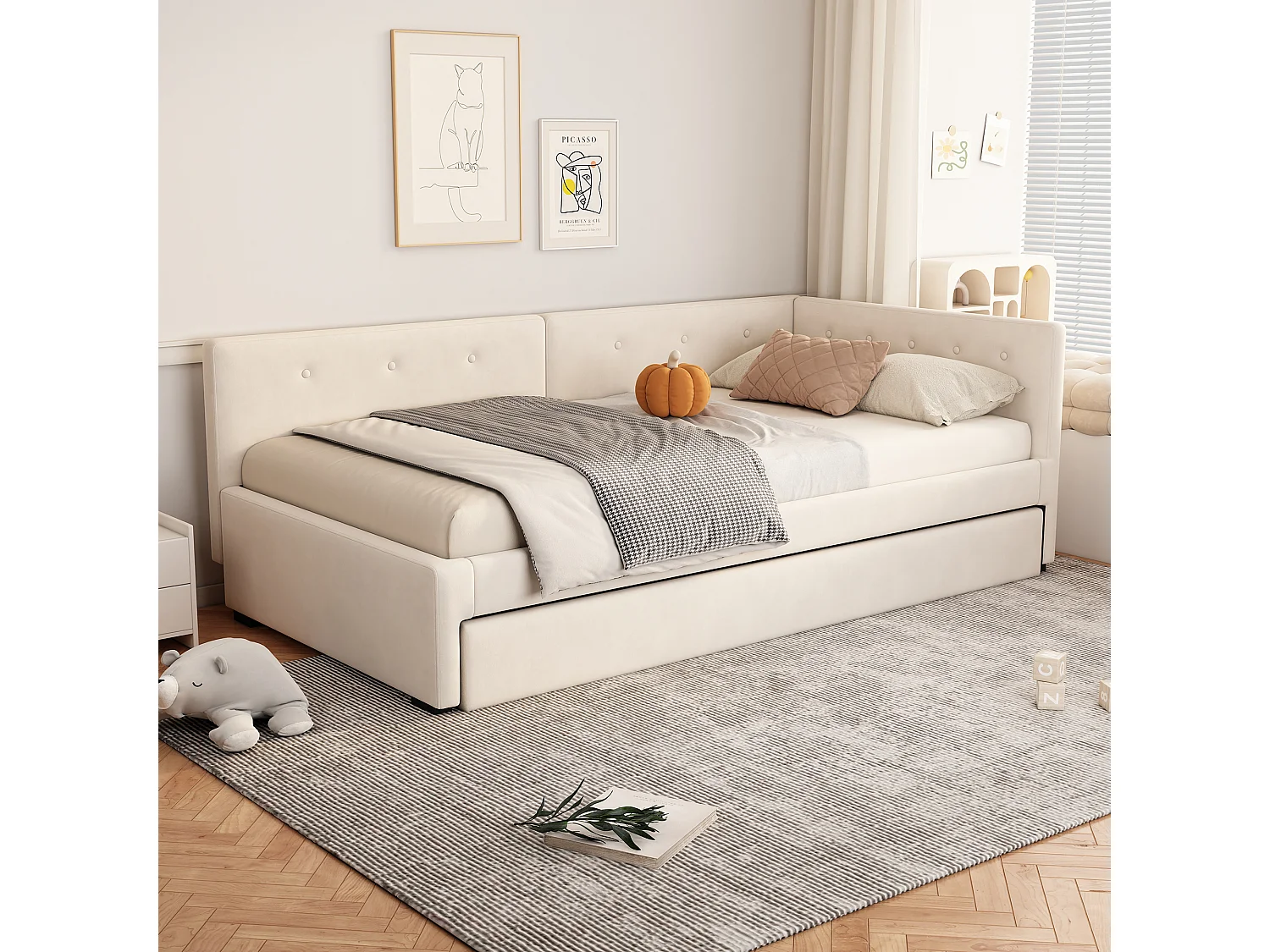 Lit enfant 90x200 cm avec lit gigogne 90x190cm en velours, Sommier à lattes, sans matelas, beige