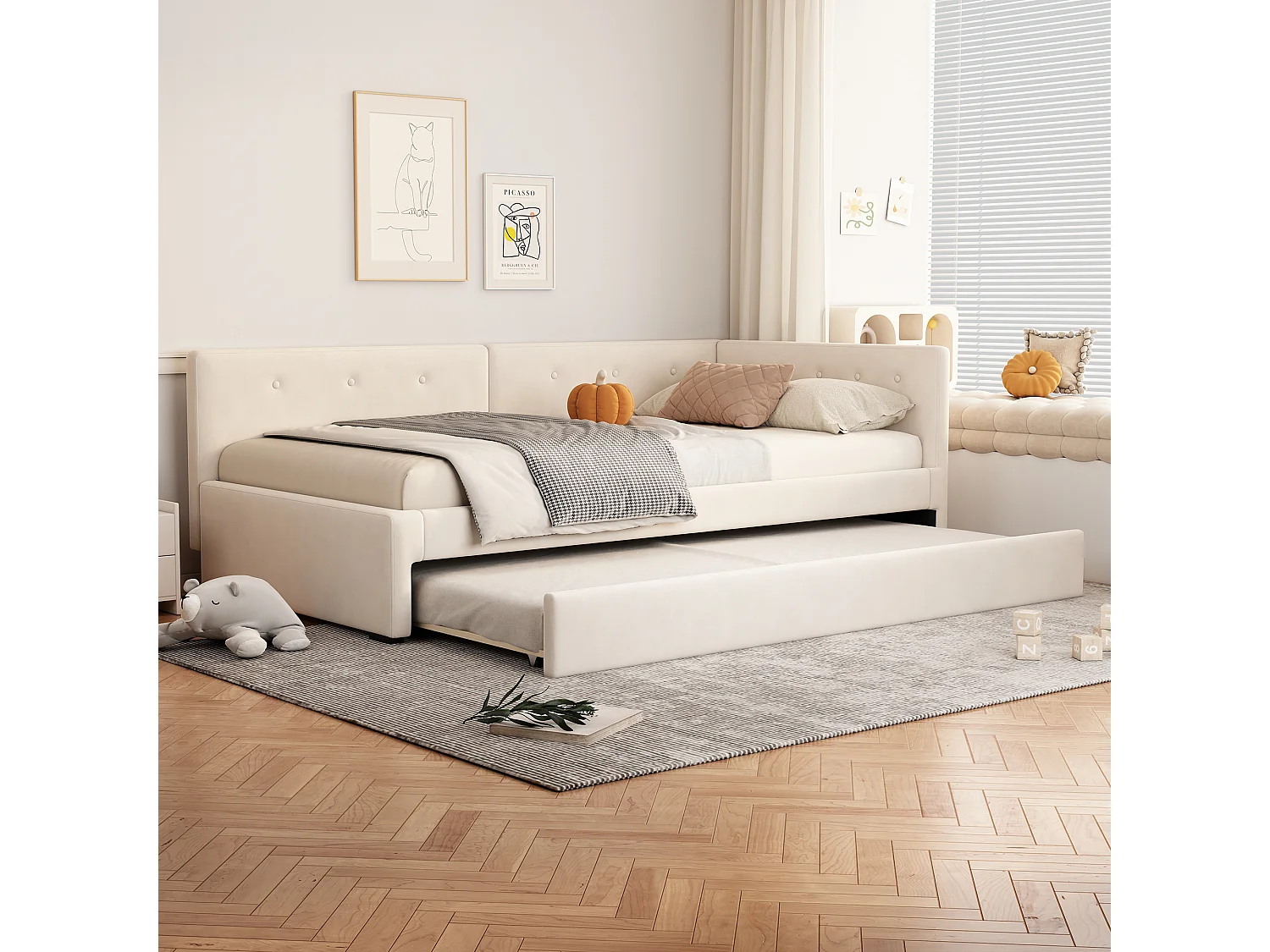 Lit enfant 90x200 cm avec lit gigogne 90x190cm en velours, Sommier à lattes, sans matelas, beige