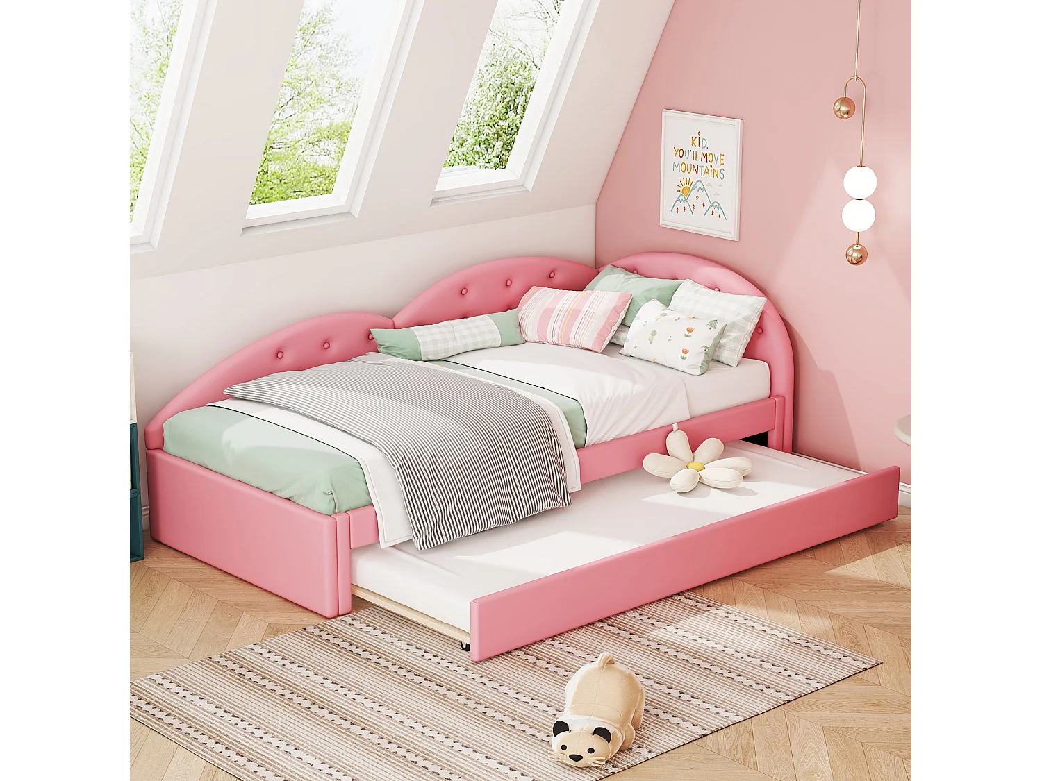 Lit enfant 90x200cm avec lit gigogne 80x190cm en PU, sommier à lattes, sans matelas, rose