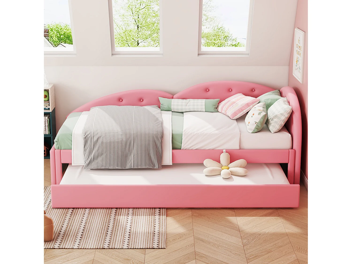 Lit enfant 90x200cm avec lit gigogne 80x190cm en PU, sommier à lattes, sans matelas, rose