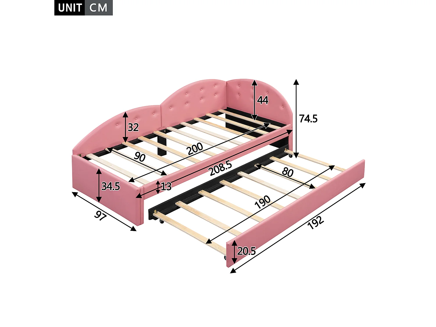 Lit enfant 90x200cm avec lit gigogne 80x190cm en PU, sommier à lattes, sans matelas, rose