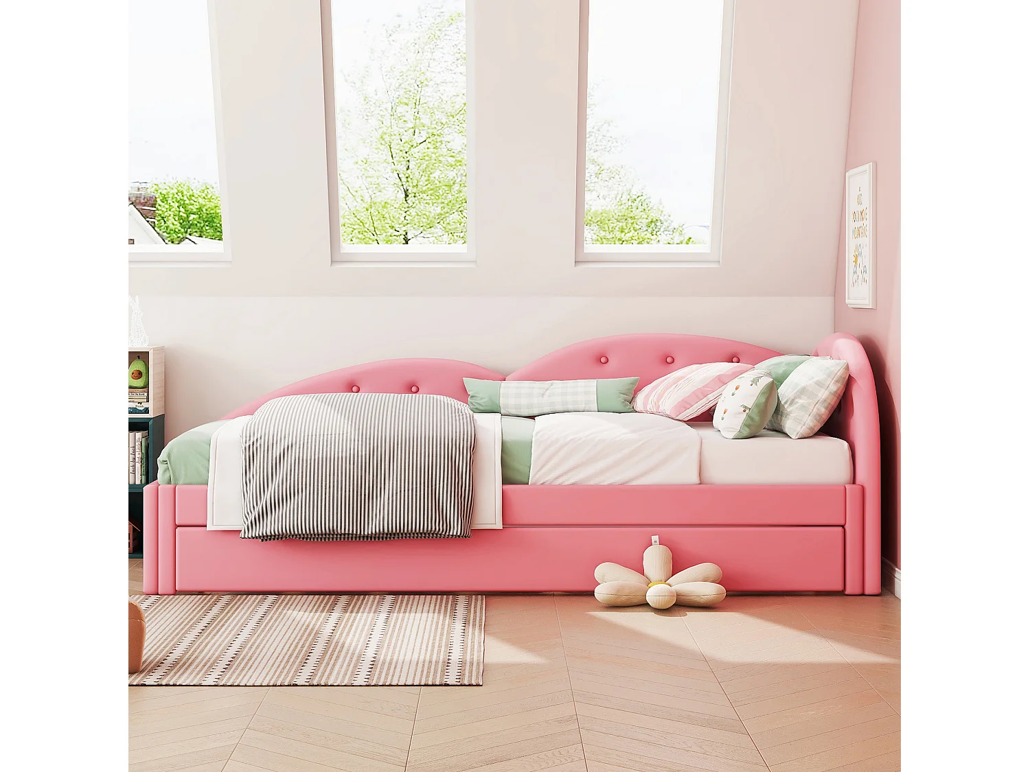 Lit enfant 90x200cm avec lit gigogne 80x190cm en PU, sommier à lattes, sans matelas, rose