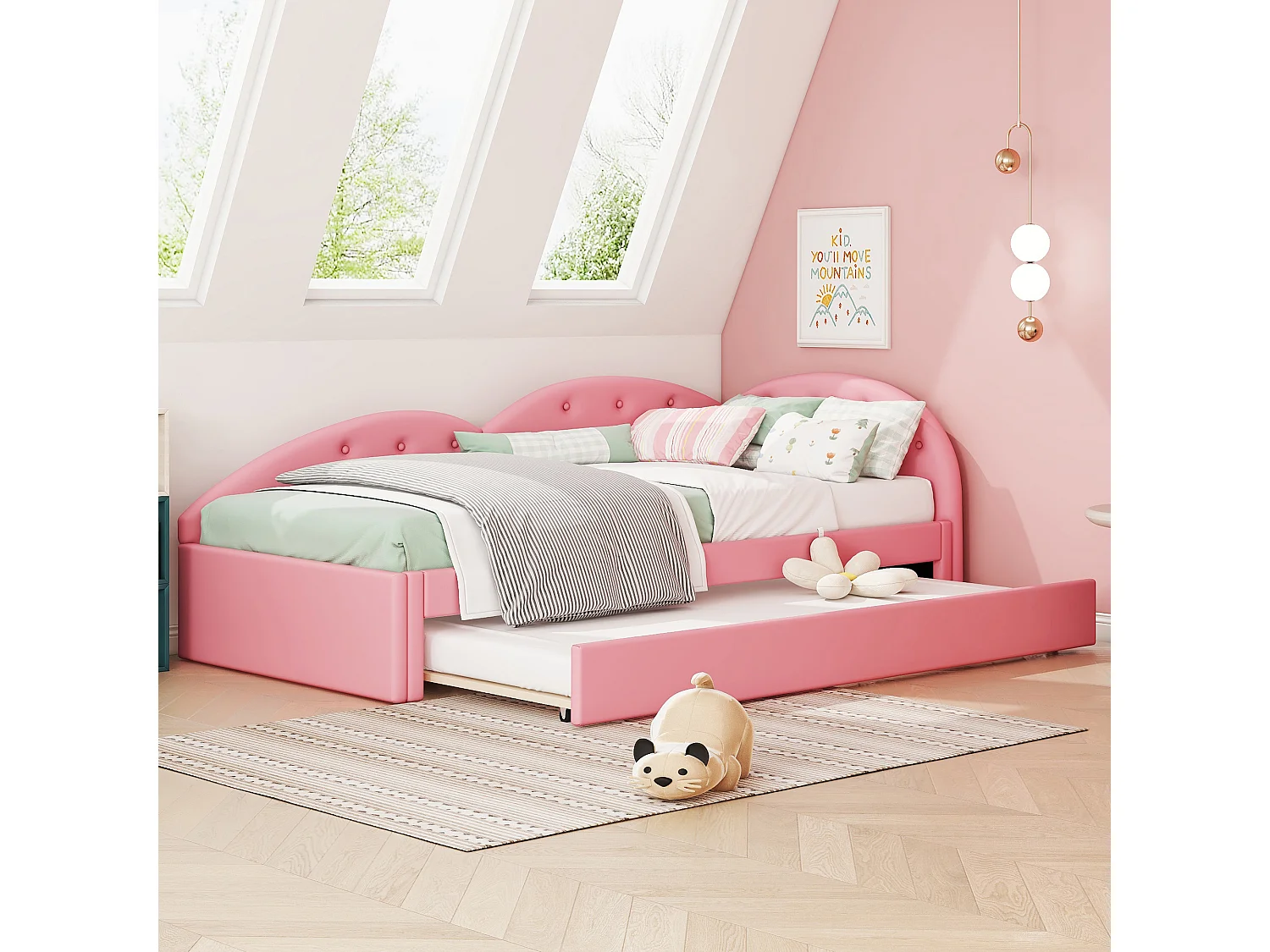 Lit enfant 90x200cm avec lit gigogne 80x190cm en PU, sommier à lattes, sans matelas, rose