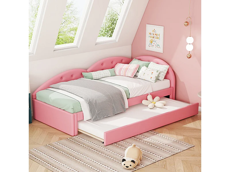 Lit enfant 90x200cm avec lit gigogne 80x190cm en PU, sommier à lattes, sans matelas, rose