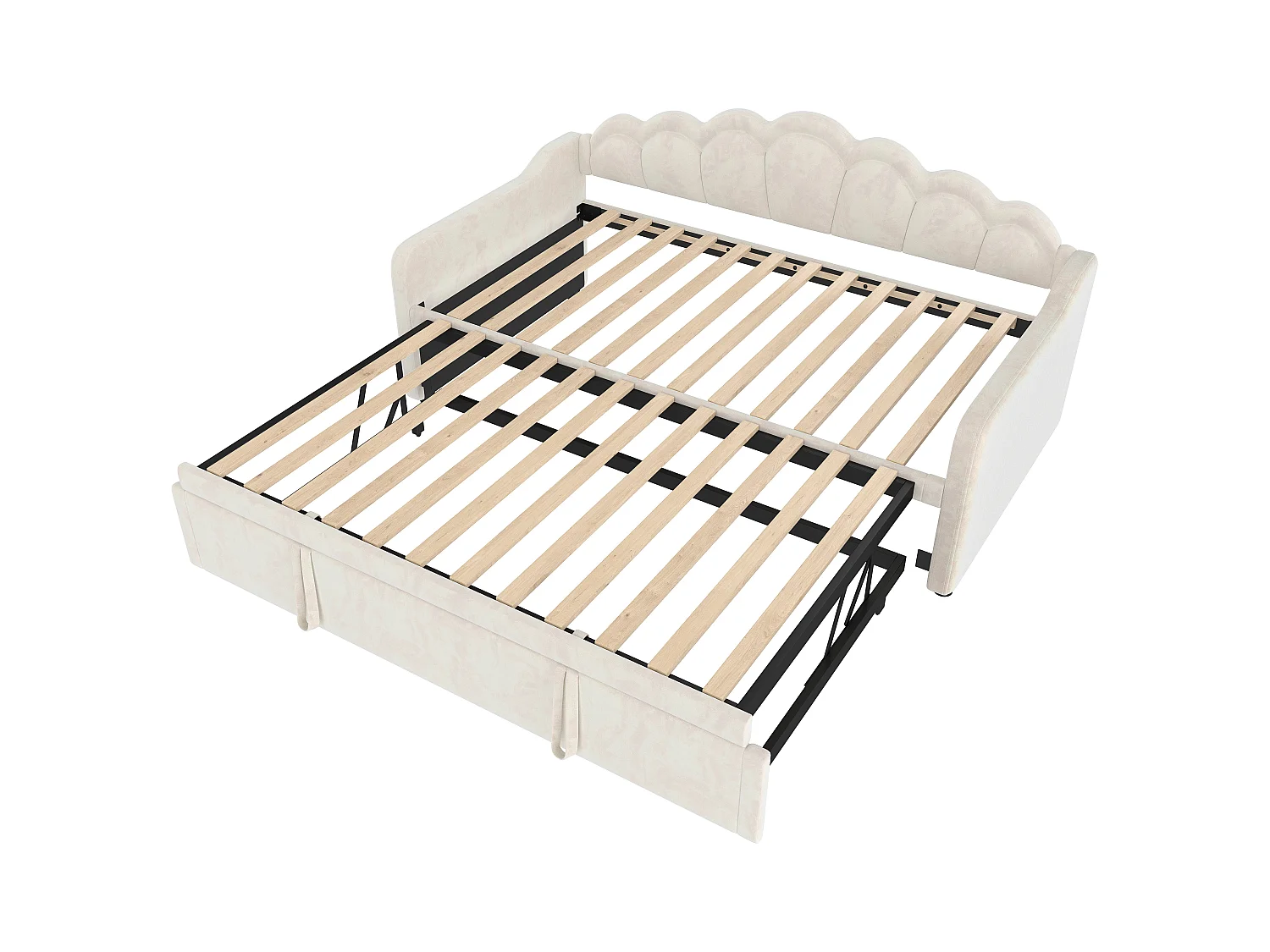 Lit enfant gigogne 90x200cm avec LED Convertible en lit adulte 180x200cm, velours, beige, sans matelas