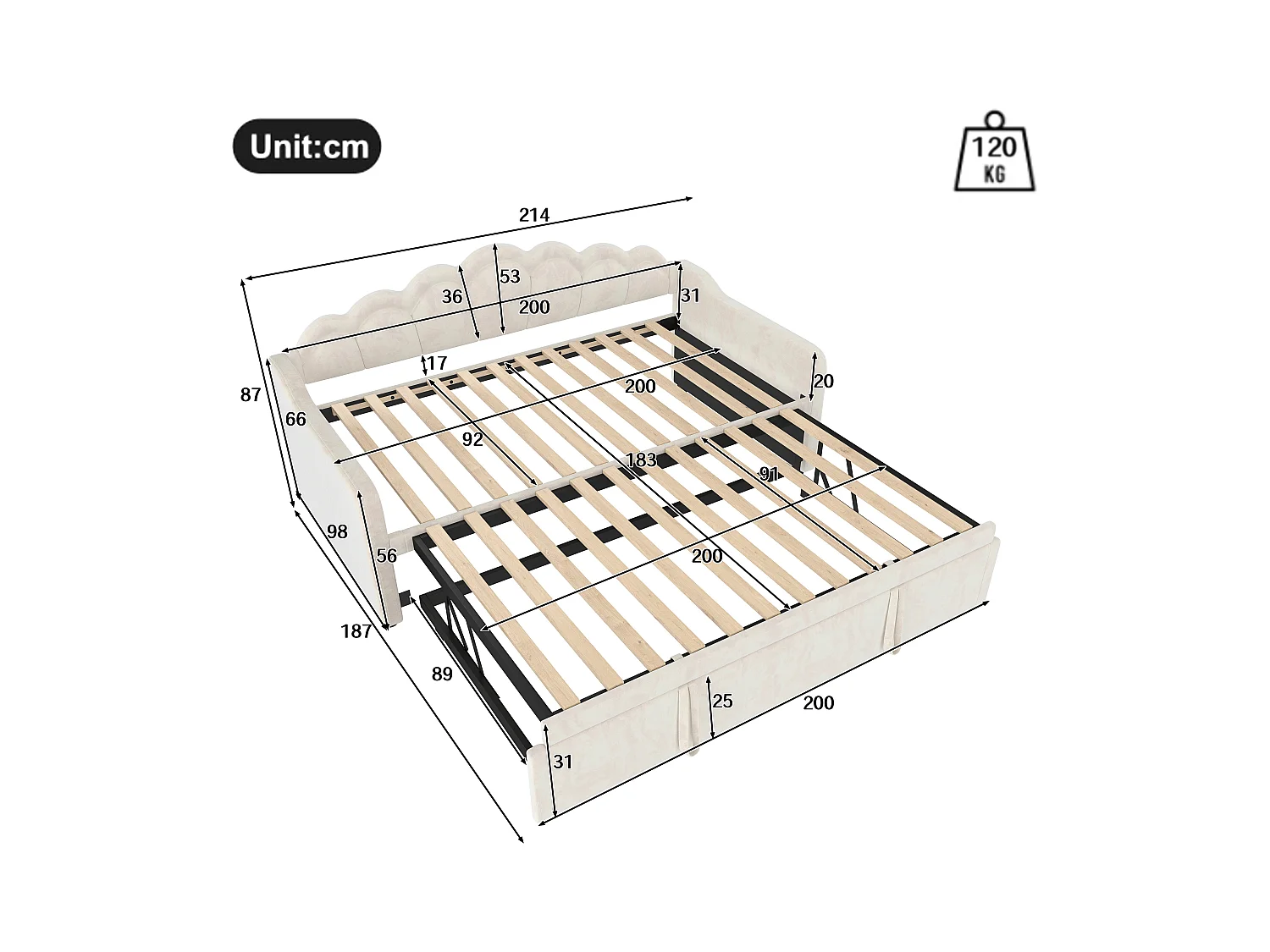 Lit enfant gigogne 90x200cm avec LED Convertible en lit adulte 180x200cm, velours, beige, sans matelas