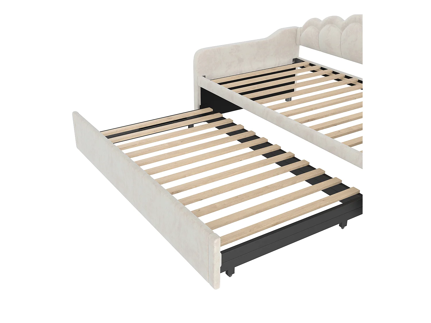 Lit enfant gigogne 90x200cm avec LED Convertible en lit adulte 180x200cm, velours, beige, sans matelas