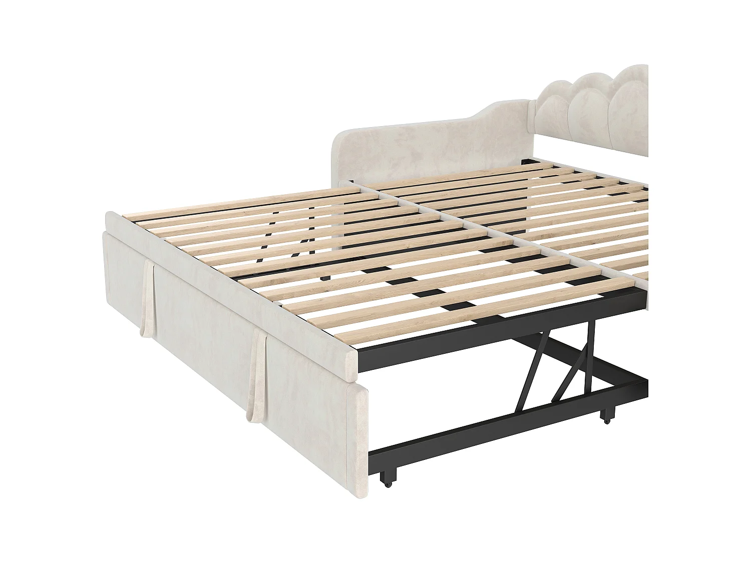 Lit enfant gigogne 90x200cm avec LED Convertible en lit adulte 180x200cm, velours, beige, sans matelas