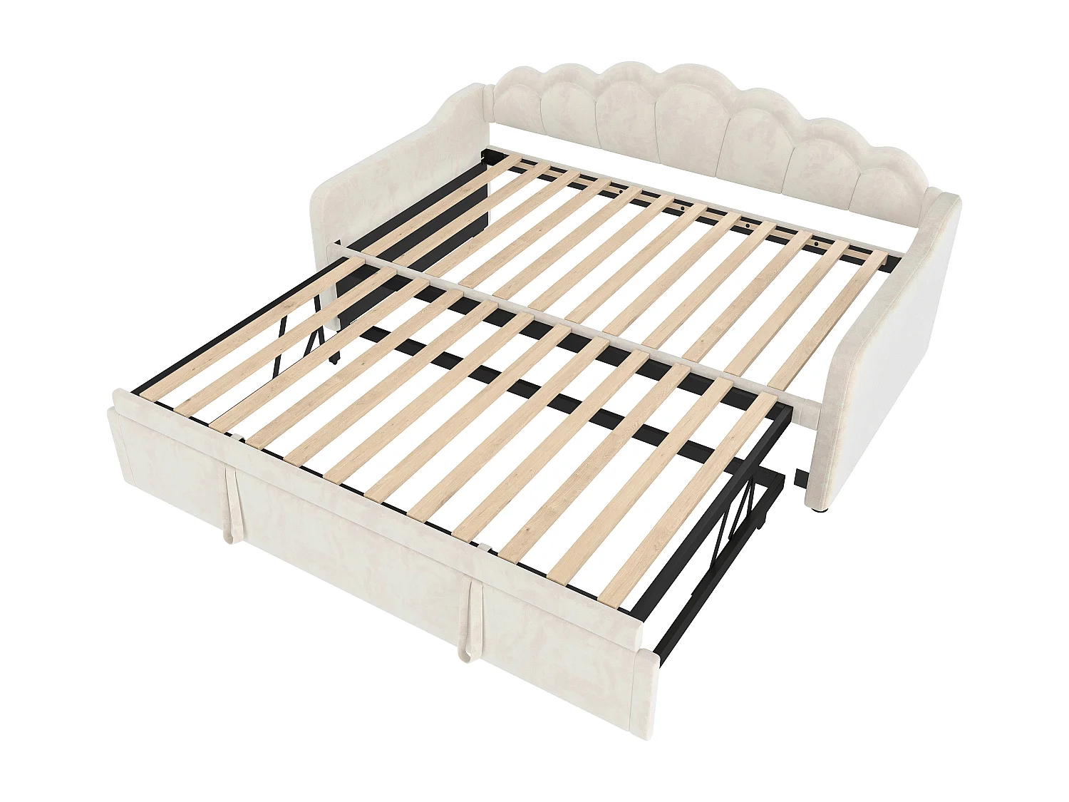 Cama gaveta infantil 90x200 cm com LED, conversível em cama para adultos 180x200 cm, veludo, bege, sem colchão