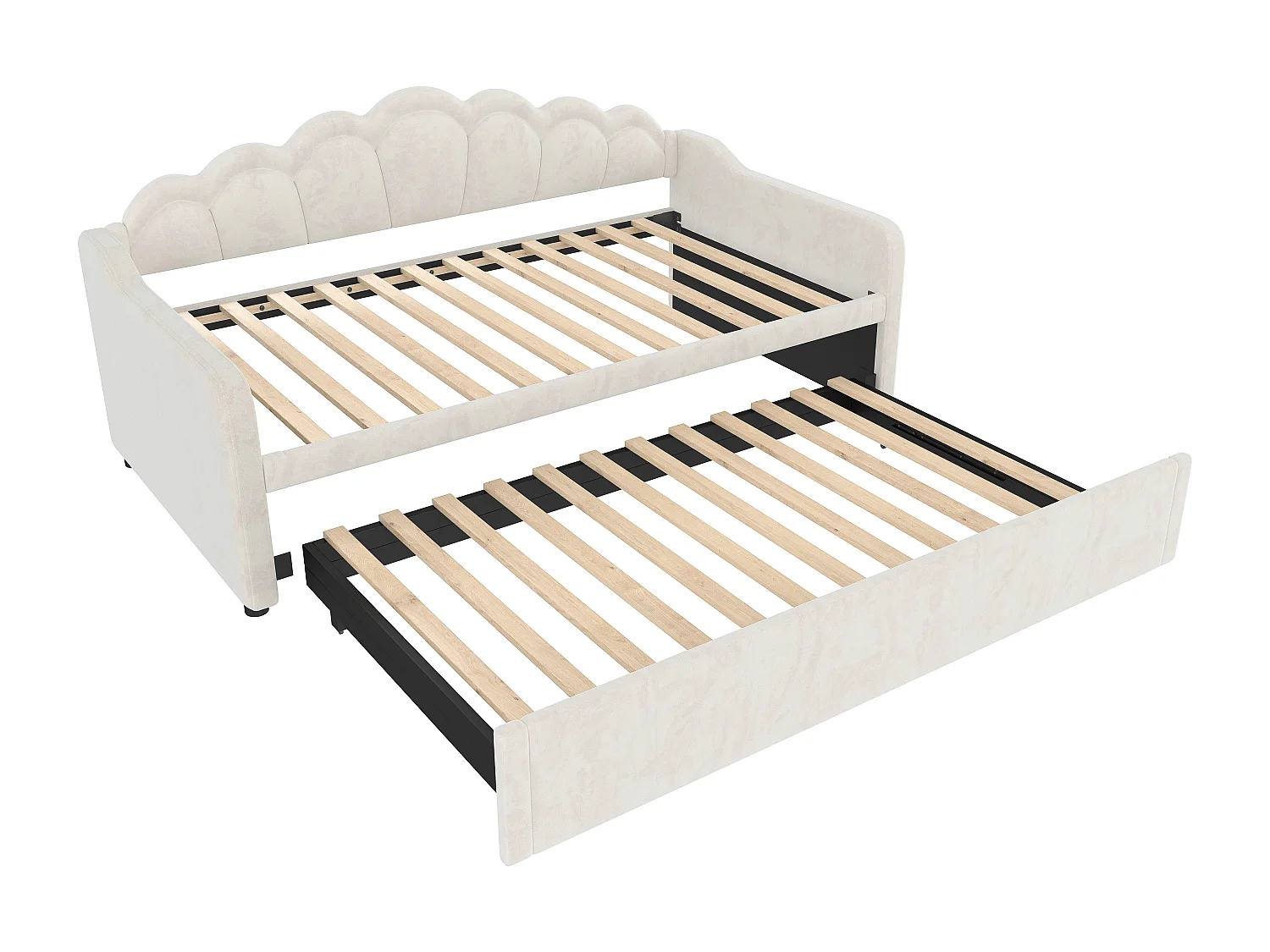 Cama gaveta infantil 90x200 cm com LED, conversível em cama para adultos 180x200 cm, veludo, bege, sem colchão