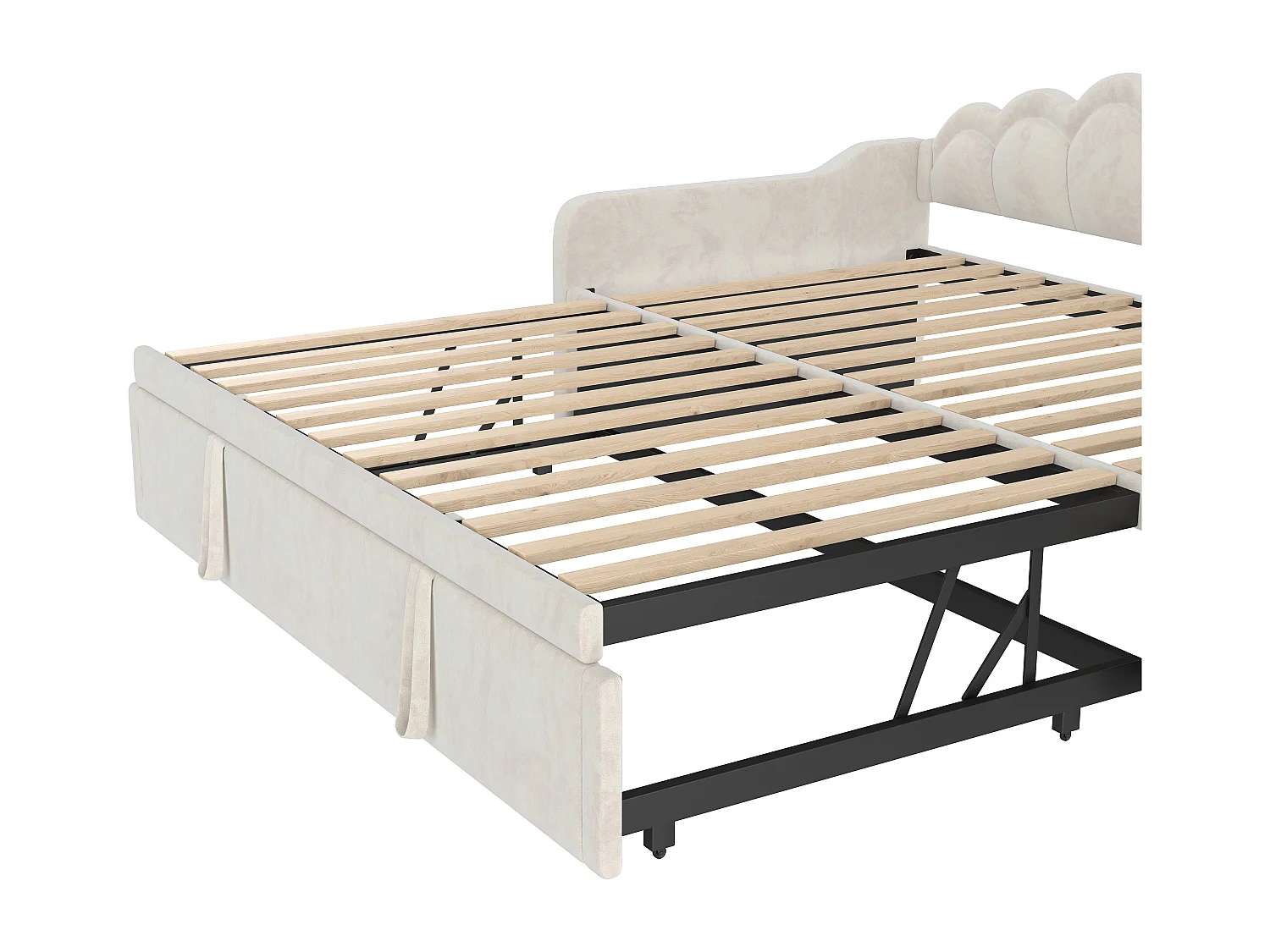 Cama gaveta infantil 90x200 cm com LED, conversível em cama para adultos 180x200 cm, veludo, bege, sem colchão