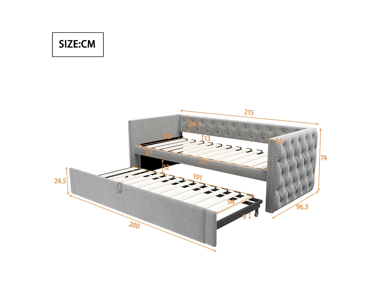 Lit enfant rembourré 90x200 cm, lit enfant/adulte en velours, sans matelas, gris clair