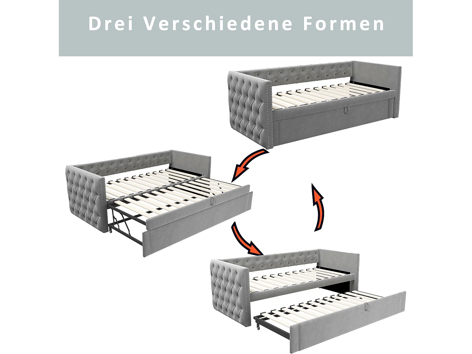 Lit enfant rembourré 90x200 cm, lit enfant/adulte en velours, sans matelas, gris clair