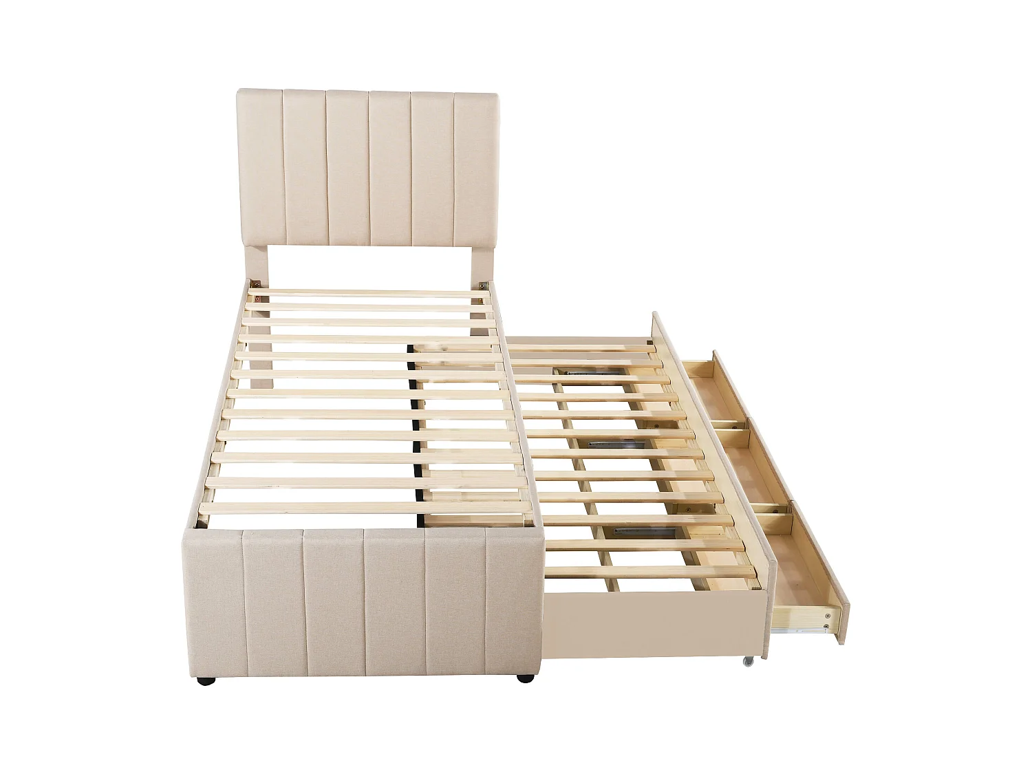 Cama infantil acolchada 90x200 cm con cama nido 90x190 cm con cajones de almacenamiento, en lino, sin colchón, beige