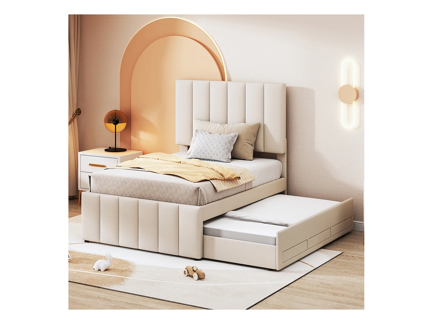 Cama infantil acolchada 90x200 cm con cama nido 90x190 cm con cajones de almacenamiento, en lino, sin colchón, beige