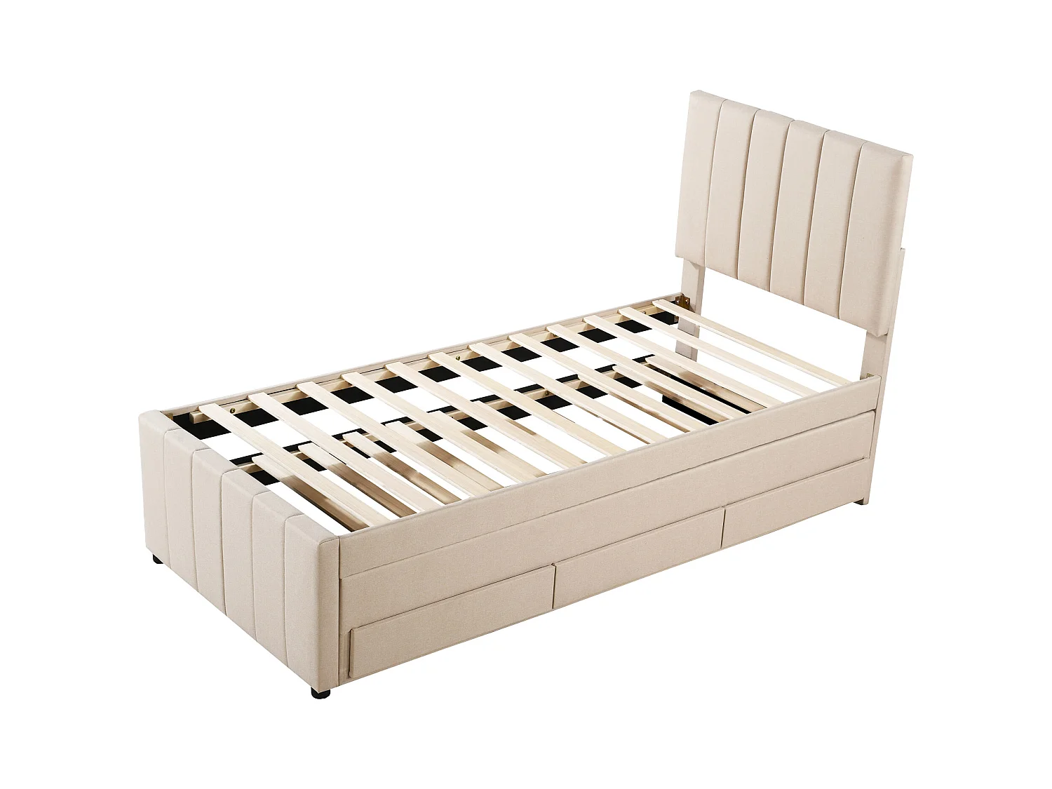 Cama infantil acolchada 90x200 cm con cama nido 90x190 cm con cajones de almacenamiento, en lino, sin colchón, beige