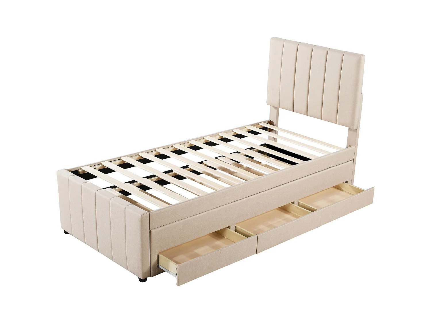 Cama infantil acolchada 90x200 cm con cama nido 90x190 cm con cajones de almacenamiento, en lino, sin colchón, beige