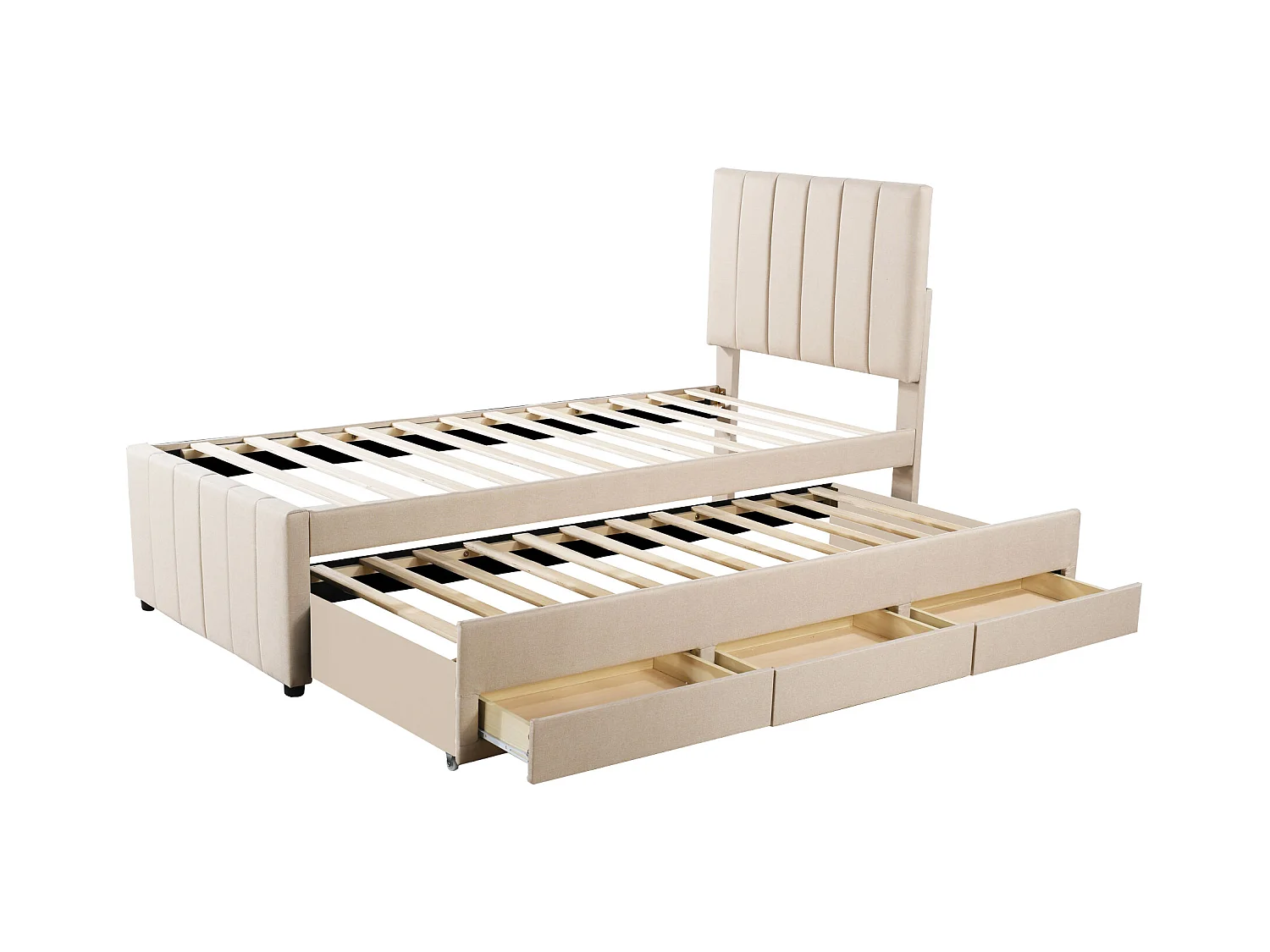 Cama infantil acolchada 90x200 cm con cama nido 90x190 cm con cajones de almacenamiento, en lino, sin colchón, beige