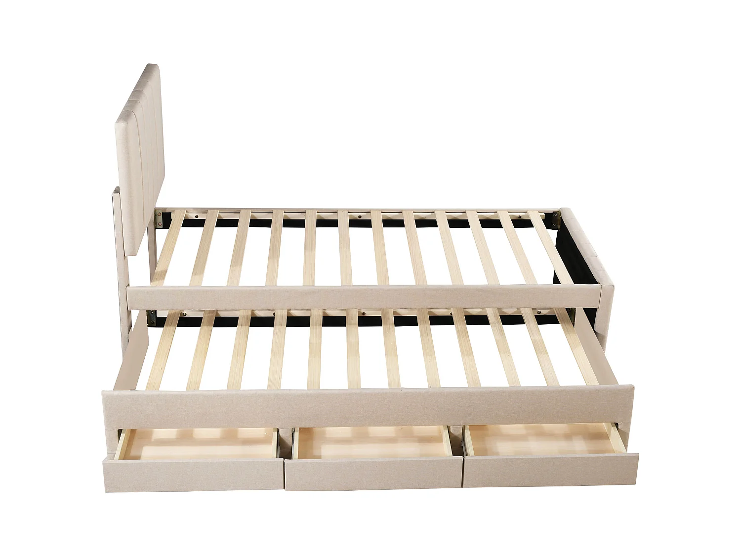 Cama infantil acolchada 90x200 cm con cama nido 90x190 cm con cajones de almacenamiento, en lino, sin colchón, beige